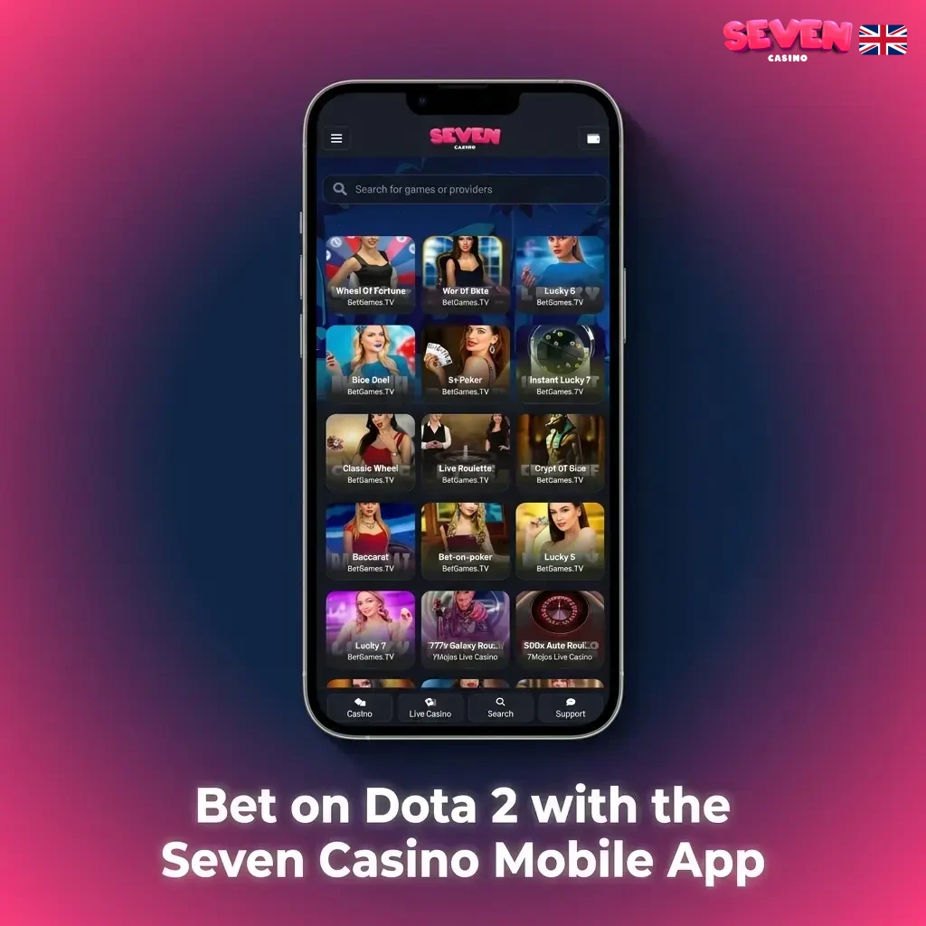 Seven Casino mobile app open on a smartphone showing Dota 2 live betting markets and esports odds in the UK
