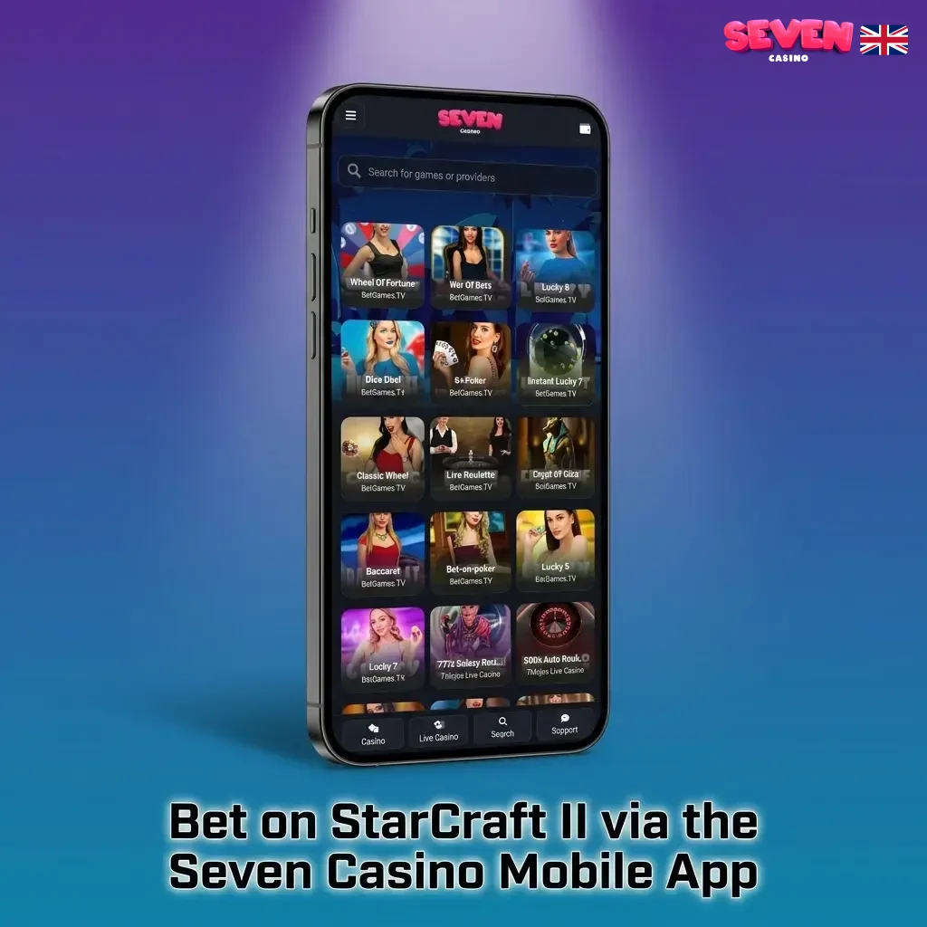 Seven Casino mobile app interface showing StarCraft II esports betting markets with live odds on a smartphone