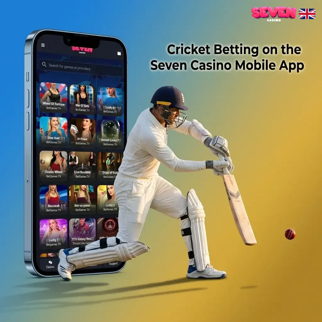 Cricket betting on the Seven Casino mobile app with live in-play markets, pre-match options, and live score updates