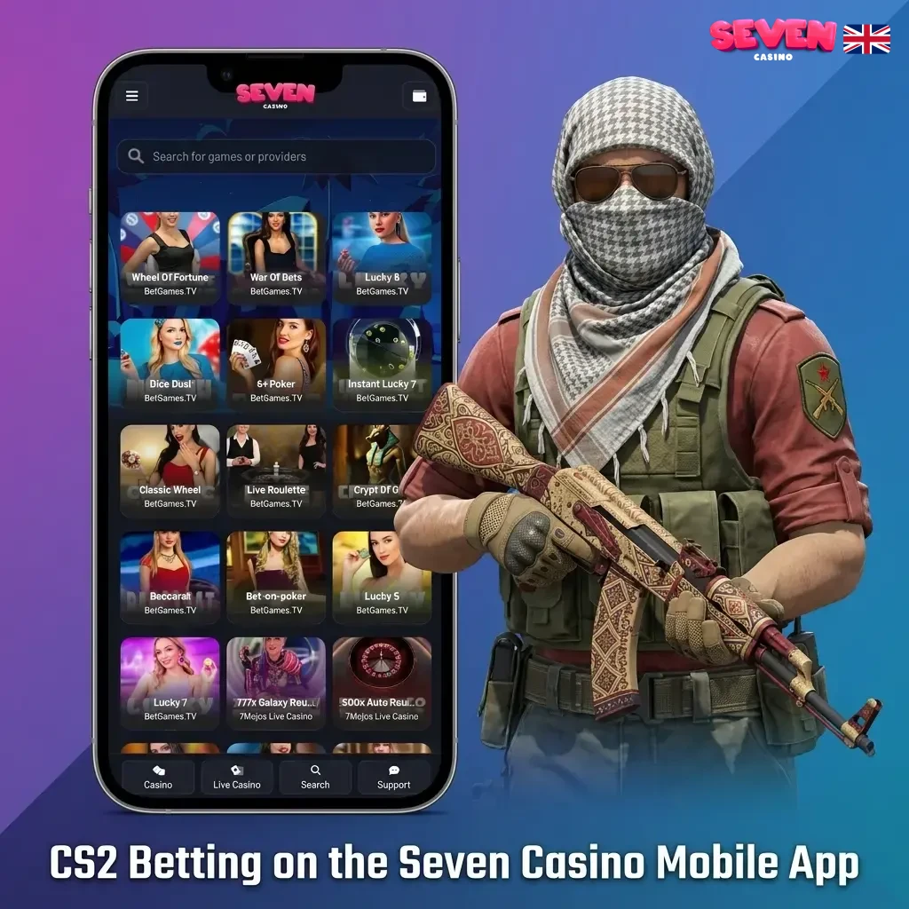 Seven Casino mobile app interface showing CS2 betting markets and live eSports wagering on smartphone