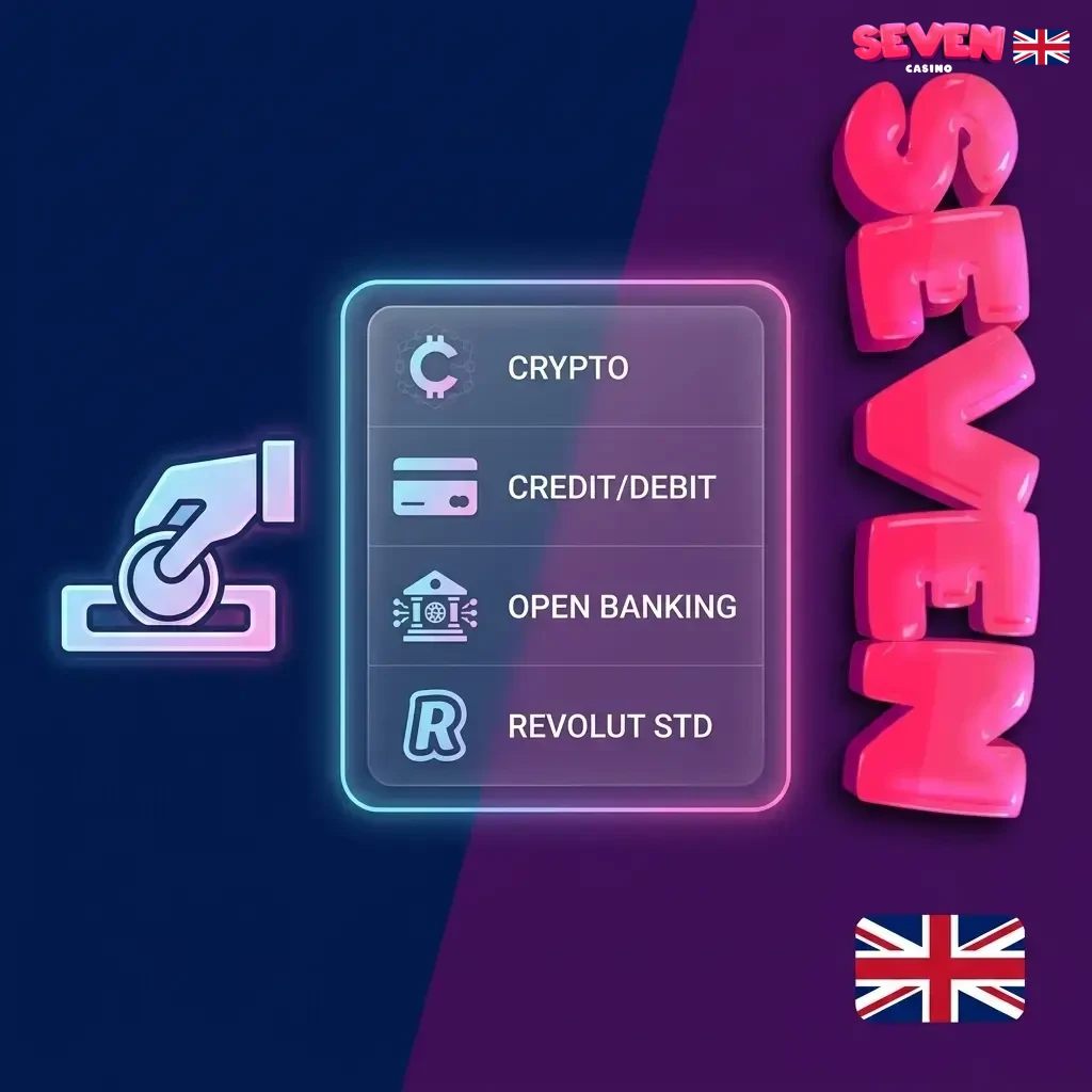 Seven Casino deposit methods for UK players including crypto, Visa, Mastercard, Apple Pay, Google Pay and Revolut