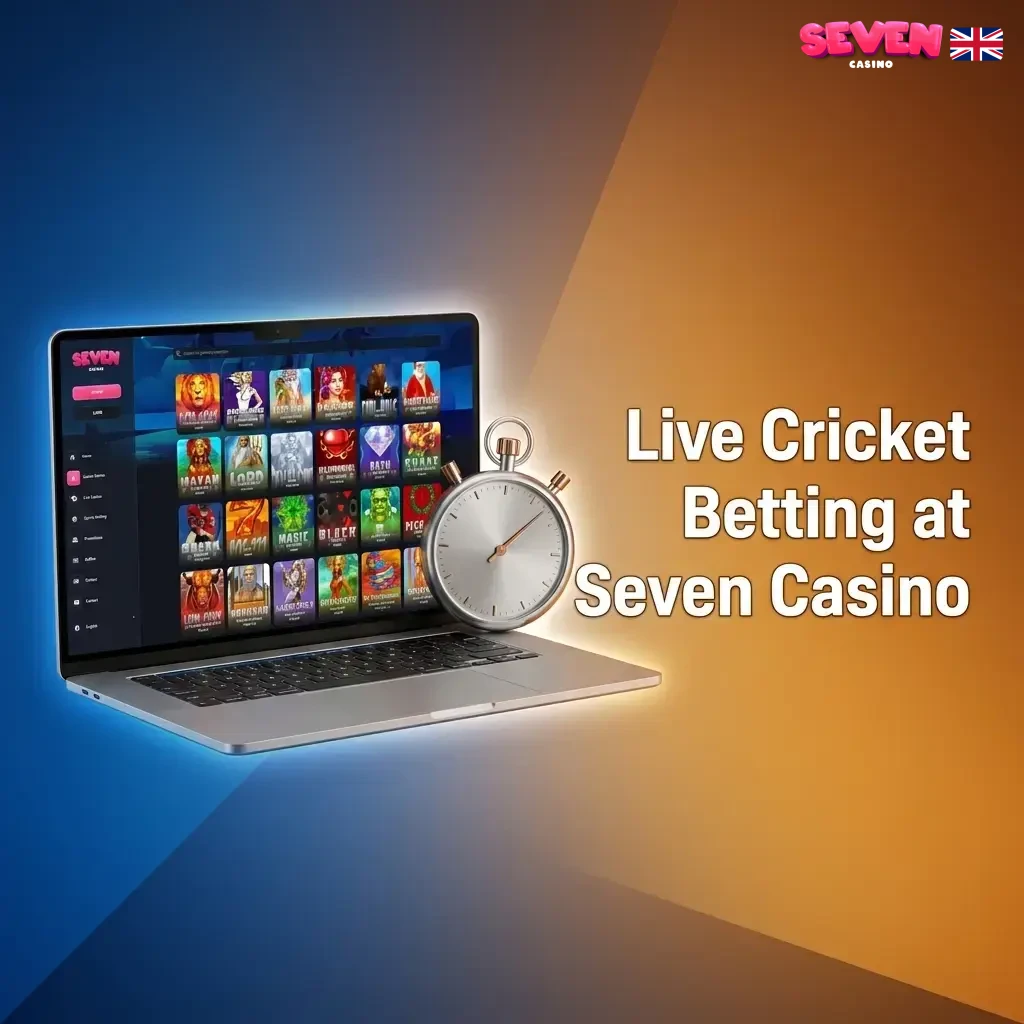 Live cricket betting interface at Seven Casino showing ball-by-ball odds, in-play markets, and live scorecard integration