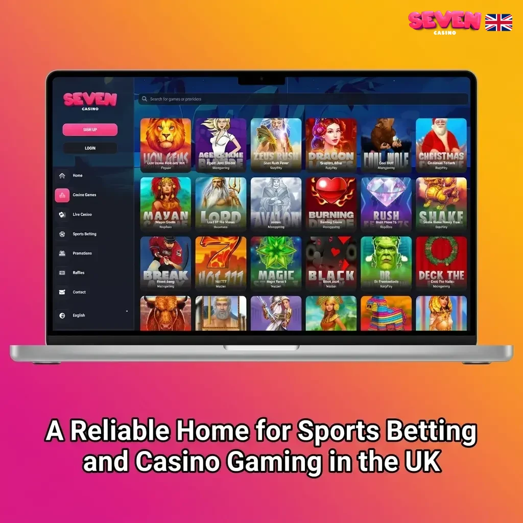Seven Casino UK platform offering sports betting and casino gaming with SSL security, mobile apps, and UKGC regulation