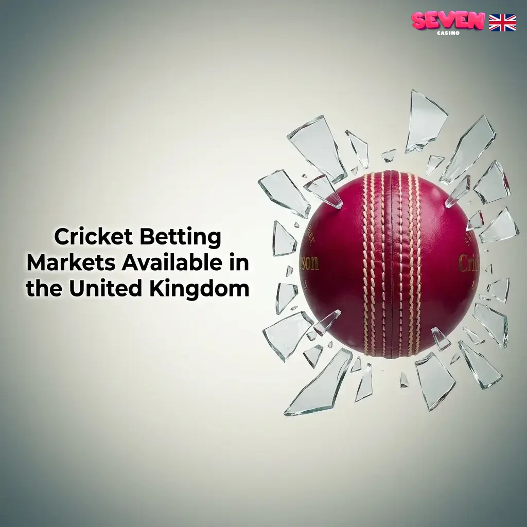 Cricket betting markets at Seven Casino UK showing match result, outright, top batsman, bowler, and live betting options