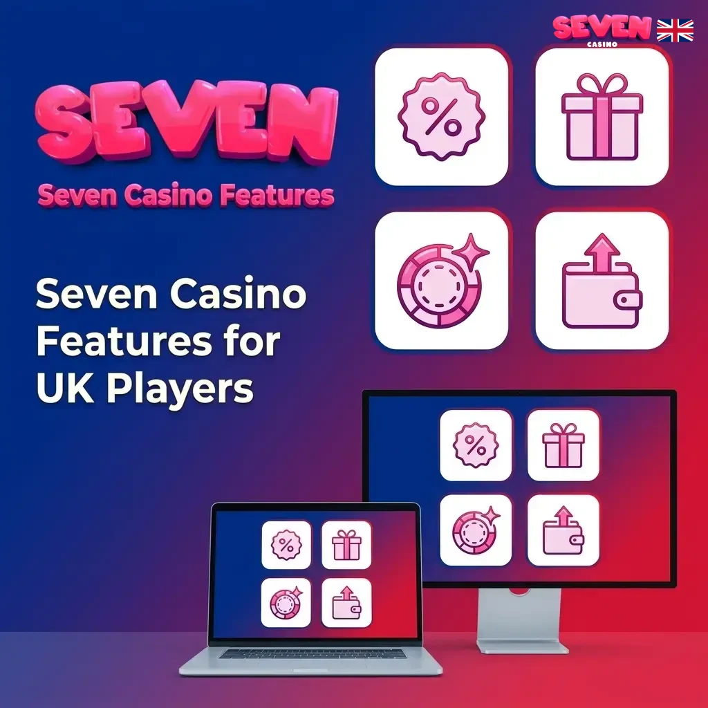 Seven Casino features for UK players including licensed gaming, flexible payments, mobile app, responsible gambling tools, and 24/7 support