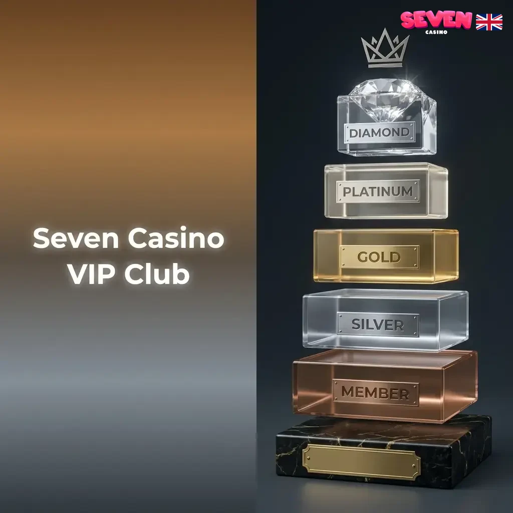 Seven Casino VIP Club tiers from Bronze to Diamond offering UK players exclusive bonuses, cashback, and priority support
