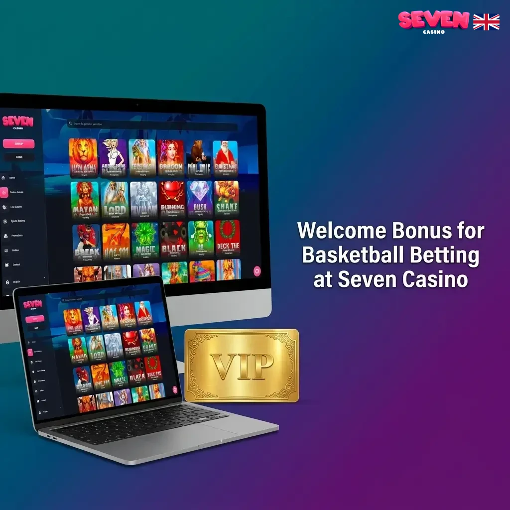 Seven Casino welcome bonus for basketball betting showing deposit match offer and wagering requirements for sportsbook users
