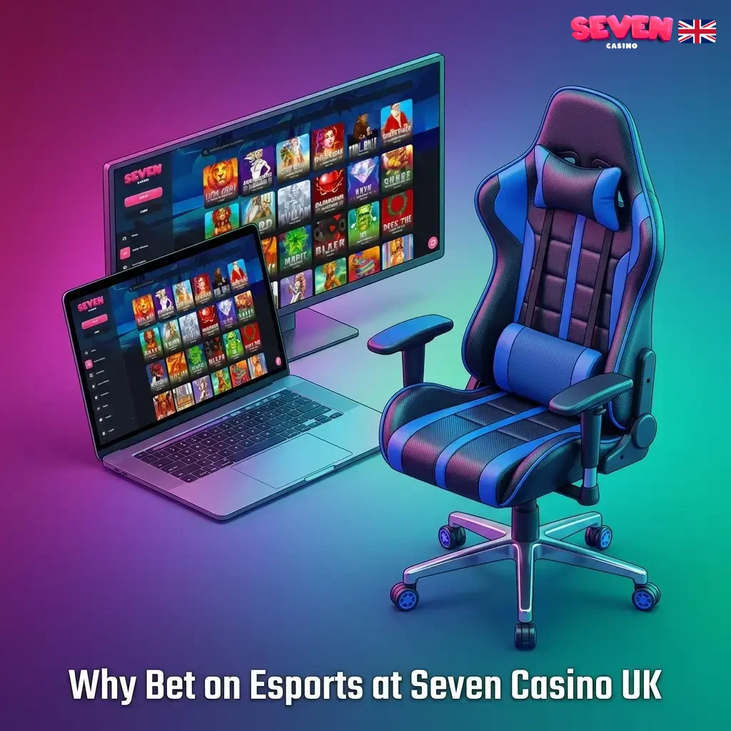 Seven Casino UK esports betting platform showing welcome bonus, competitive odds, mobile app, and 24/7 support features